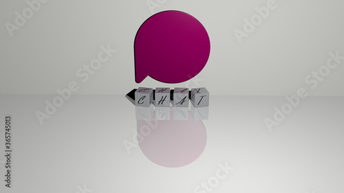 3D representation of CHAT with icon on the wall and text arranged by metallic cubic letters on a mirror floor for concept meaning and slideshow presentation. illustration and communication