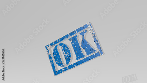 OK stamp on the wall. 3D illustration of metallic sculpture over a white background with mild texture. sign and gesture photo