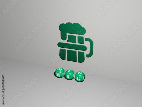 3D illustration of mug graphics and text made by metallic dice letters for the related meanings of the concept and presentations. coffee and background