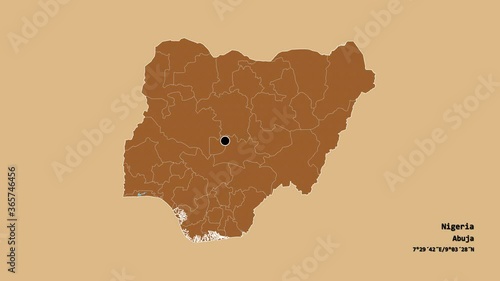 Adamawa, state of Nigeria, with its capital, localized, outlined and zoomed with informative overlays on a solid patterned map in the Stereographic projection. Animation 3D photo