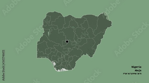 Anambra, state of Nigeria, with its capital, localized, outlined and zoomed with informative overlays on a administrative map in the Stereographic projection. Animation 3D photo