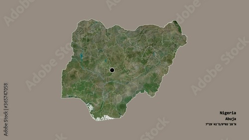 Benue, state of Nigeria, with its capital, localized, outlined and zoomed with informative overlays on a satellite map in the Stereographic projection. Animation 3D photo