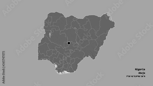 Borno, state of Nigeria, with its capital, localized, outlined and zoomed with informative overlays on a bilevel map in the Stereographic projection. Animation 3D photo