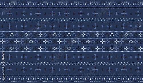 Embroidered pattern Vector illustration. Midnight and blueberry blue stitch on indigo blue background. Abstract cross-stitch pattern in Thai hill tribe style. Idea for printing on fabric or wallpaper.