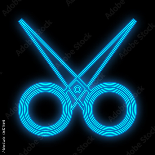 blue neon scissors on a black background. a glamorous hairdresser's tool to create a new hairstyle and cut your hair. scissors for manicure and pedicure, podology for cuticle care. vector illustration