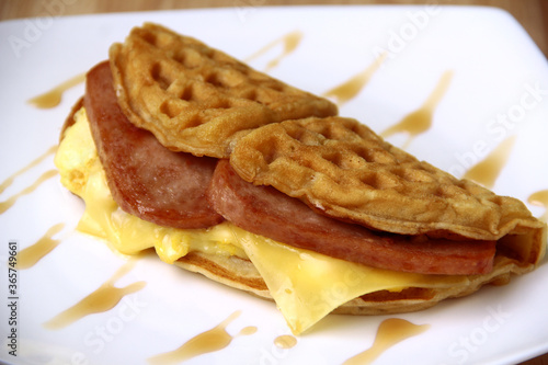 Ham, cheese and egg waffle sandwich