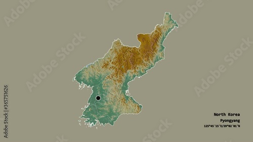 Ryanggang, province of North Korea, with its capital, localized, outlined and zoomed with informative overlays on a relief map in the Stereographic projection. Animation 3D photo