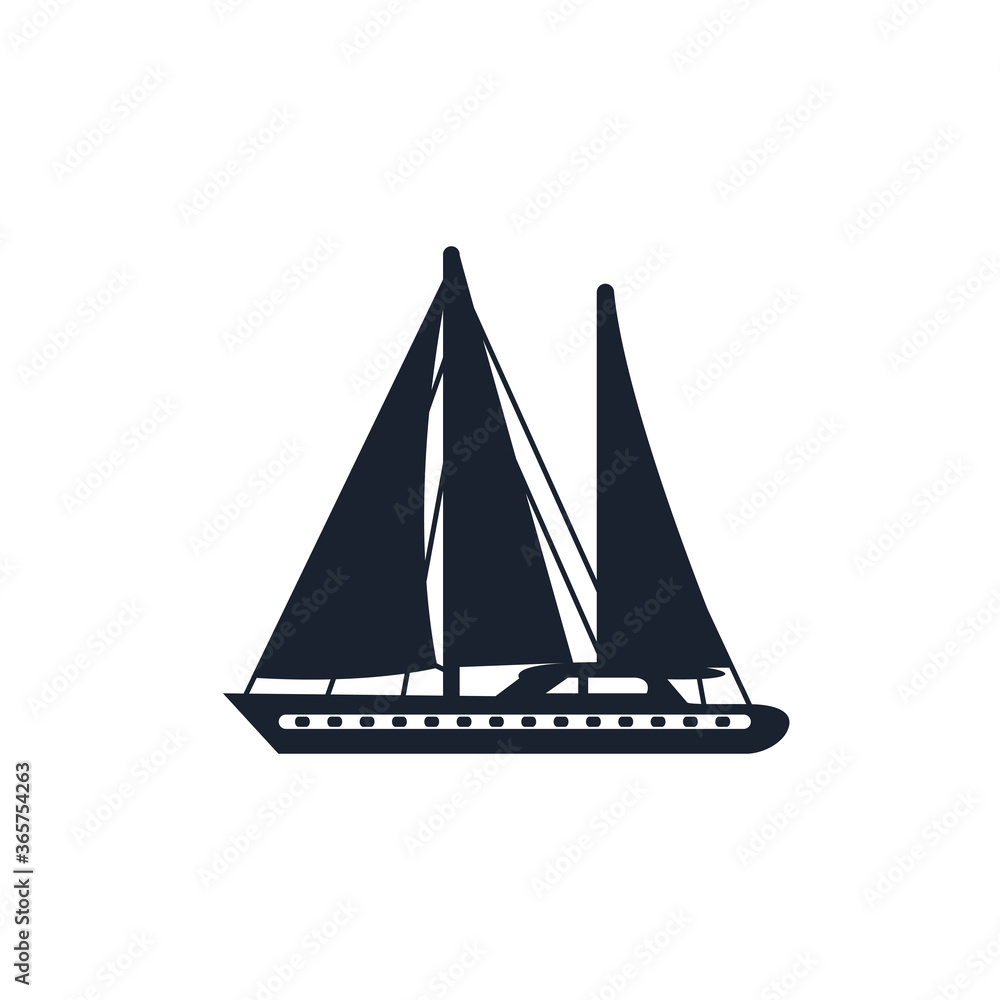 Sailboat with canvas or fiberglass cloth isolated. Vector fishing boat with sails and flag Sailboat with canvas or fiberglass cloth isolated. Vector fishing boat with sails and flag