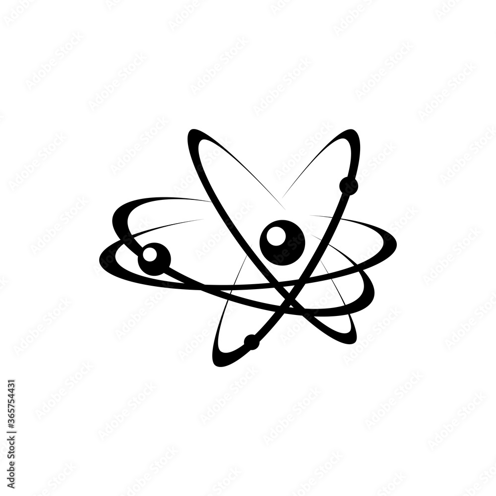 Atomic energy symbol black vector icon. Chemical reaction sign. Electrons moving on orbits minimal illustration. Atomic energy concept. Nuclear reaction model silhouette isolated on white background Atomic energy symbol black vector icon. Chemical reaction sign. Electrons moving on orbits minimal illustration. Atomic energy concept. Nuclear reaction model silhouette isolated on white background