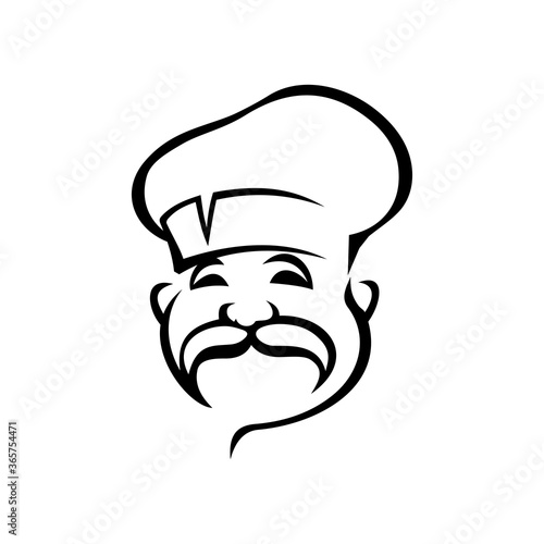 French, Italian chef black outline vector illustration. European cuisine logo design idea. Professional senior chef cook with mustache isolated contour clipart. Cooker, confectioner line art drawing