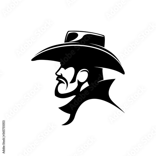 Brutal cowboy in leather hat isolated profile. Vector wild west bearded man, american sheriff or bandit