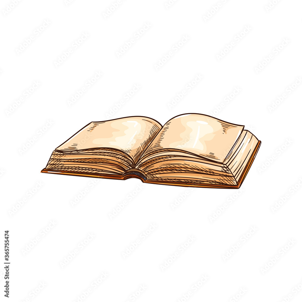 Grunge open book with blank dirty pages isolated sketch. Vector old book in hard cover, empty page in encyclopedia or bible. Hand drawn dairy, aged textbook. Library and bookshop symbol, literature