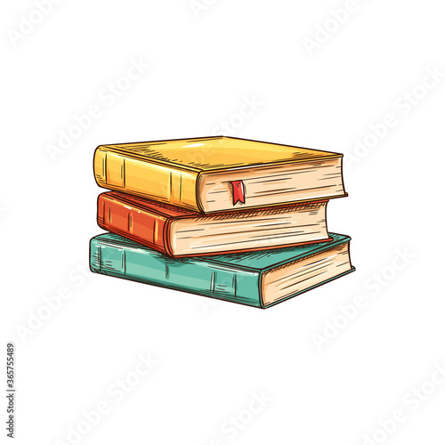 Stack of textbooks with bookworm isolated sketch. Vector pile of books, education and knowledge symbol. Studying, learning and reading literature, stacked color old vintage books in hardcover