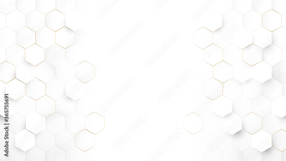 Abstract Technology, Futuristic Digital Hi Tech Concept. Abstract White and Gold Hexagonal Background. Luxury White Pattern. Vector Illustration