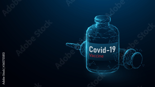 Vaccine and Syringe Injection. COVID-19 Vaccine. Low Poly and Wireframe Design. Vector Illustration