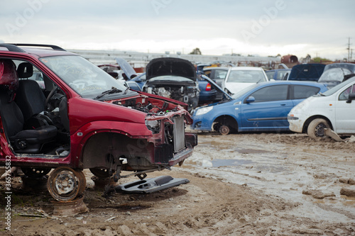 Melbourne, Victoria / Australia - July 18 2020: Old wrecked cars in junkyard. Car recycling. © Olha
