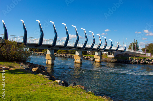 Approach to the new curved Koombana Bay Footbridge in Bunbury, Western Australia  with its maritime theme reinforces the importance of the water front to the City.