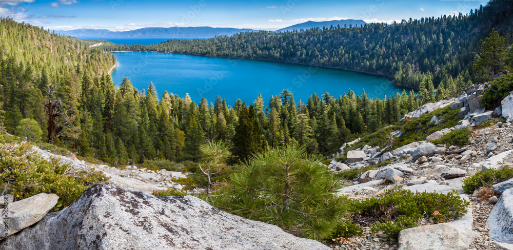 Cascade Lake and the Surrounding Forest Below the Cascade Falls Trail, Lake,  Tahoe, California, USA Stock Photo