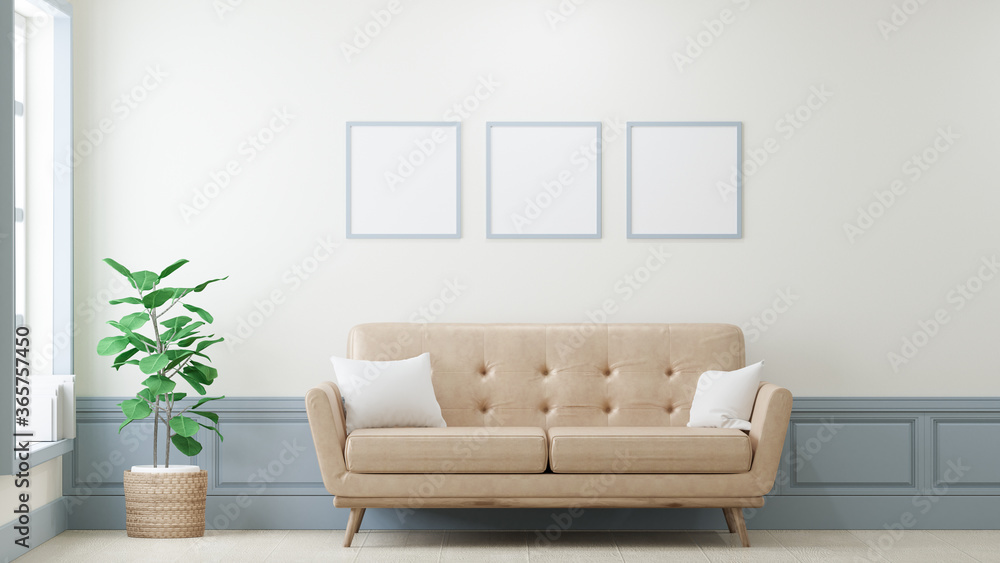 Square poster mockup with Three frames on empty Light yellow in living room interior, Leather sofa, 3D Rendering Square poster mockup with Three frames on empty Light yellow in living room interior, Leather sofa, 3D Rendering