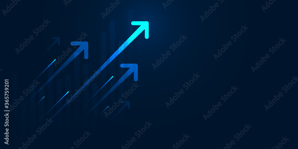Light arrow up circuit on dark blue background with copy space illustration, business growth concept. - obrazy, fototapety, plakaty 