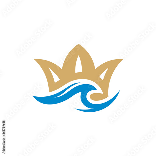 Ocean king, wave and crown, simple flat logo concept in gold and blue color