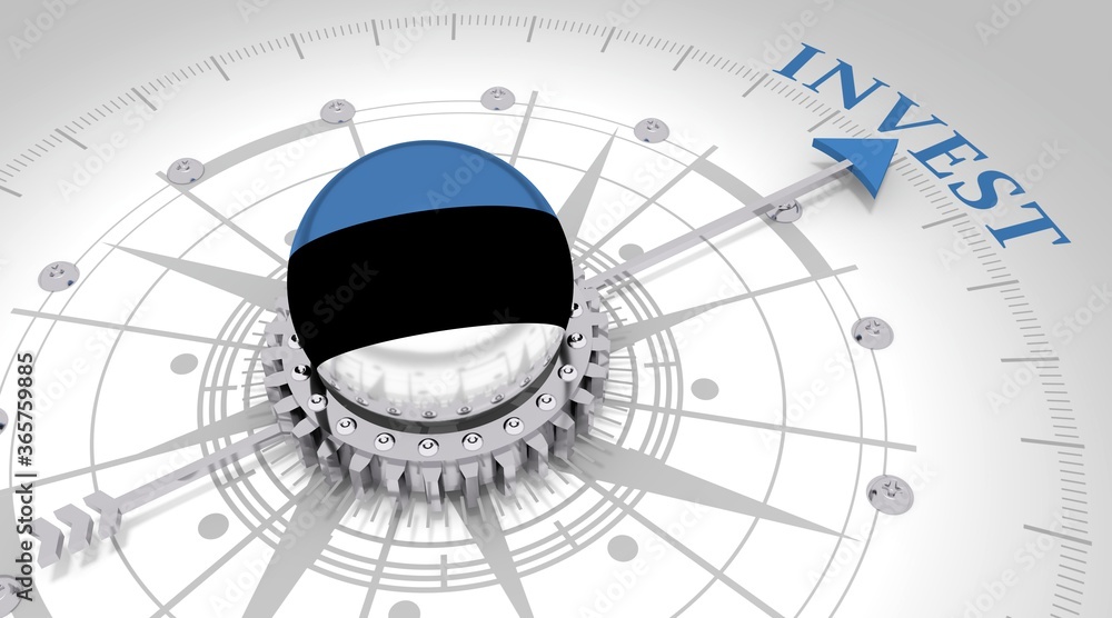 Business concept. Abstract compass points to the invest word. Flag of the Estonia. 3D rendering Business concept. Abstract compass points to the invest word. Flag of the Estonia. 3D rendering