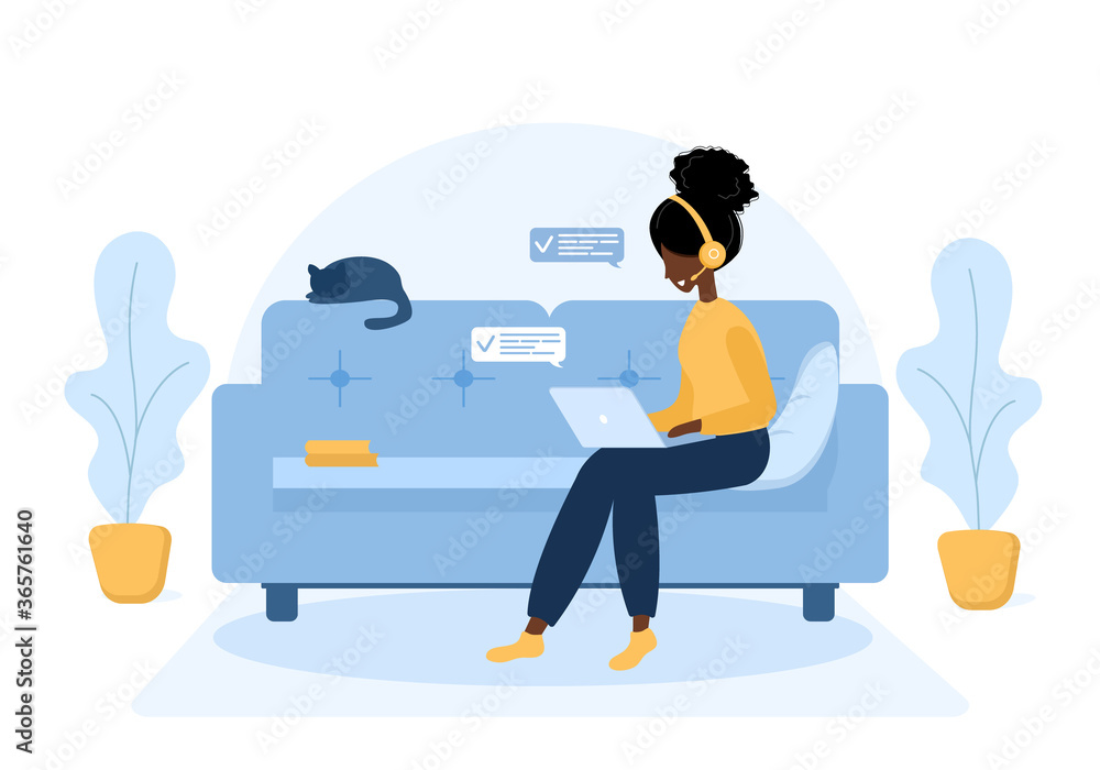 Woman freelance. African girl in headphones with laptop sitting on the sofa. Concept illustration for working, online education, work from home, healthy lifestyle. Vector illustration in flat style.