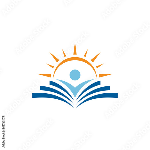 Book with people and sunrise, educational logo template, simple flat logo style