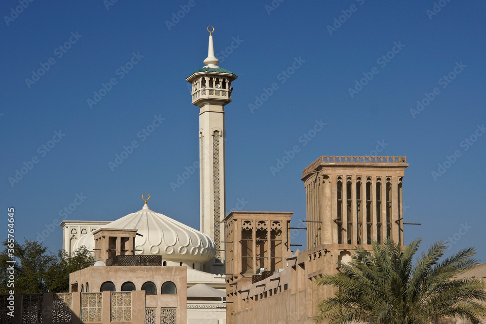 Mosque and wind towers in Bastakia Quarter of Old Dubai, United Arab Emirates