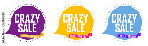 Set Crazy Sale speech bubble banners design template, discount tags, vector illustration