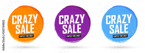 Set Crazy Sale banners design template, discount tags, brush grunge, vector illustration