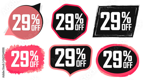 Set Sale 29% off banners, discount tags design template, promo app icons, vector illustration