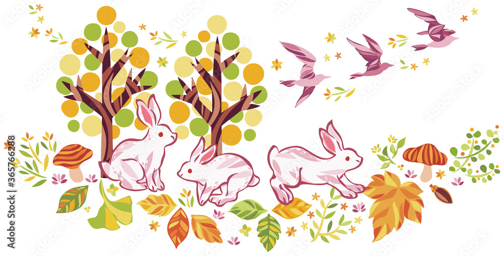 秋の紅葉や落ち葉や動物のイラスト 秋の紅葉や落ち葉や動物のイラスト