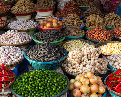 Big Bowls of fresh and delicious vegetables. Hanoi, Vietnam