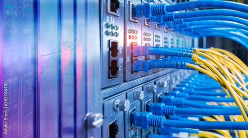 Fotografie Fiber Optic cables connected to optic ports and UTP, Network cables connected to ethernet ports