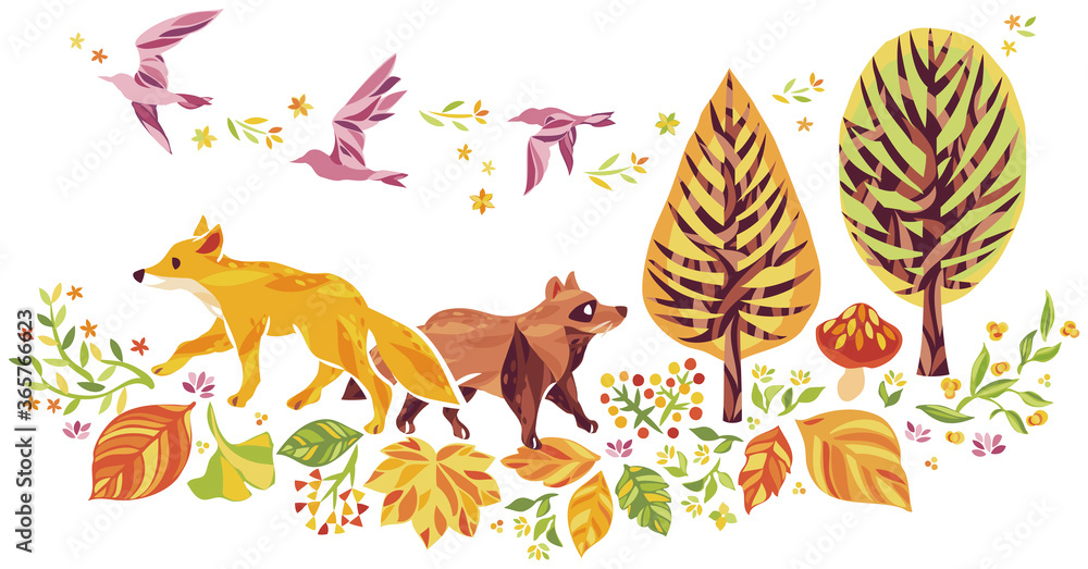 秋の紅葉や落ち葉や動物のイラスト 秋の紅葉や落ち葉や動物のイラスト