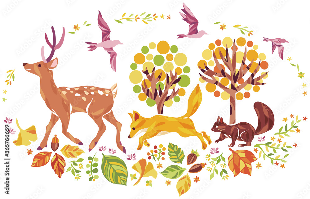 Obraz 秋の紅葉や落ち葉や動物のイラスト