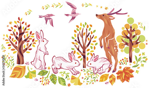 秋の紅葉や落ち葉や動物のイラスト