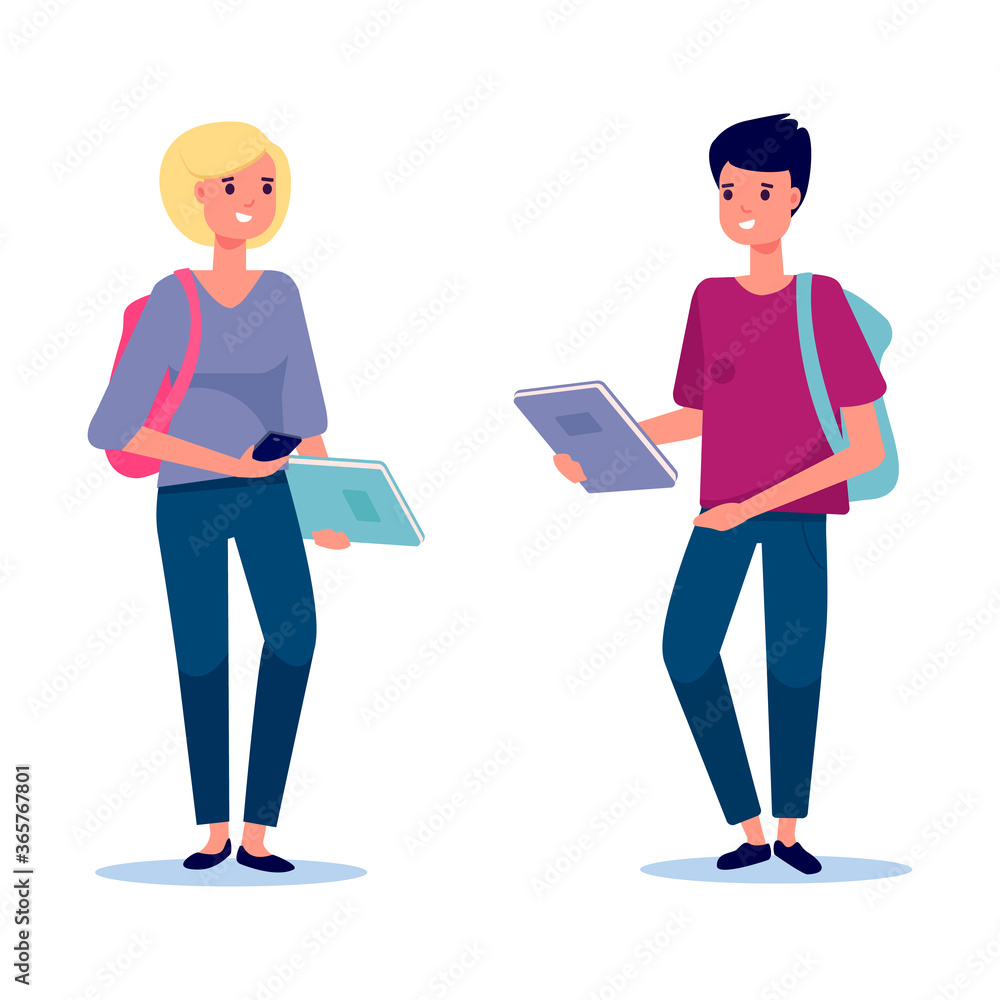 Group of students are standing together isolated on white background. Smiling young people with backpacks and books. Vector illustration in flat style. Education and youth concept Group of students are standing together isolated on white background. Smiling young people with backpacks and books. Vector illustration in flat style. Education and youth concept