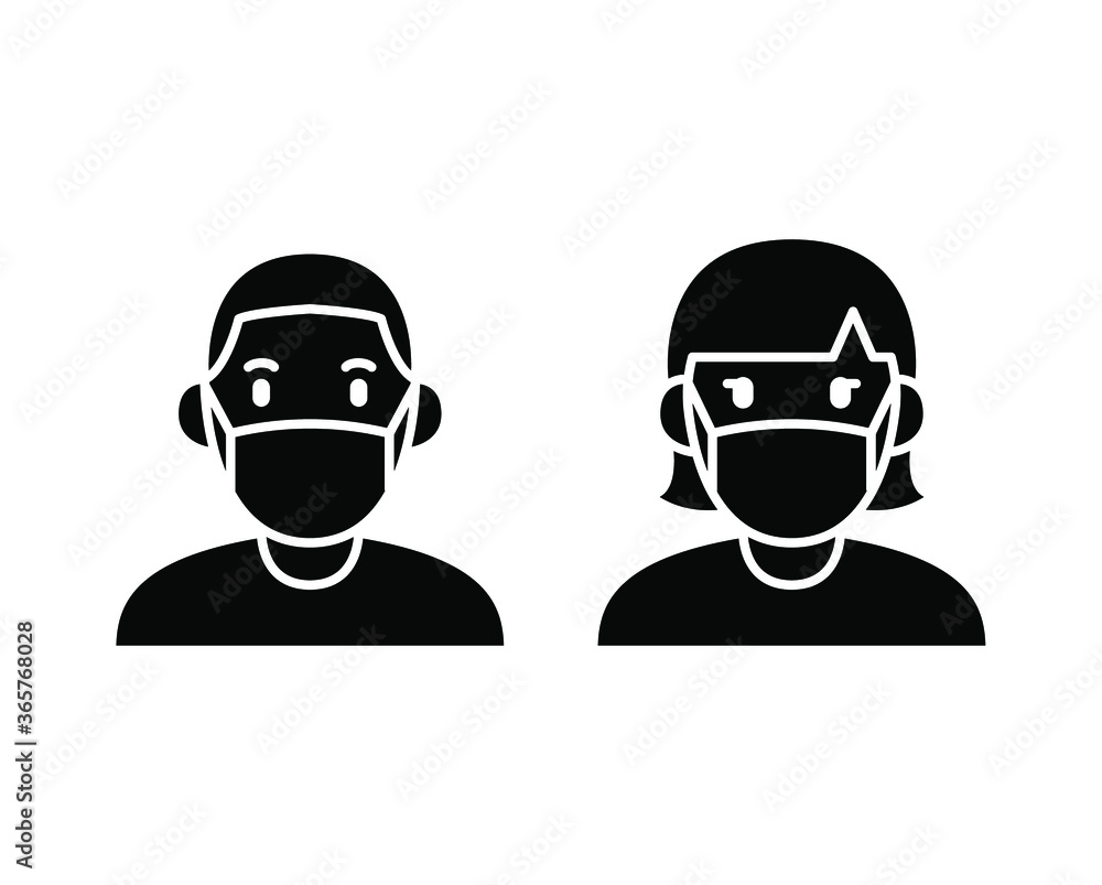 a man and woman wear a mask icon. 
People wearing protective surgical mask. Concepts of coronavirus quarantine. Covid-19 Notice Safety sign solid Vector illustration Design white background EPS10