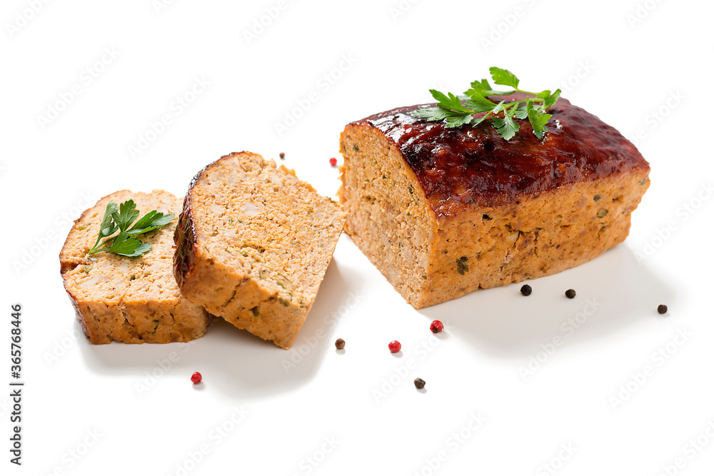 Tasty homemade ground baked chicken meatloaf glazed with barbeque sauce . isolated on white background Tasty homemade ground baked chicken meatloaf glazed with barbeque sauce . isolated on white background