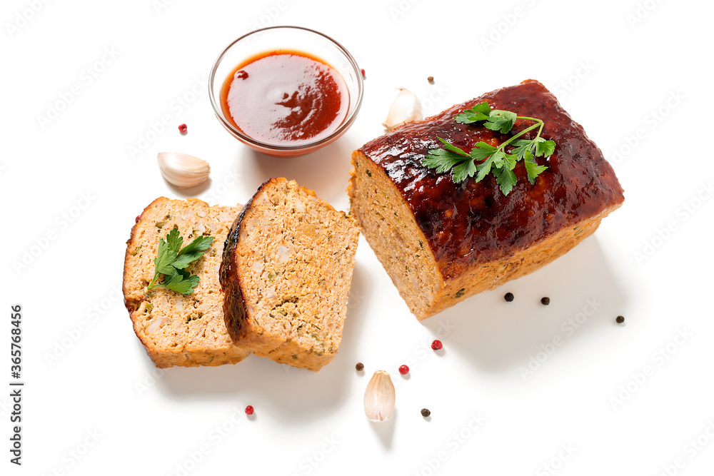 Tasty homemade ground baked chicken meatloaf glazed with barbeque sauce . isolated on white background Tasty homemade ground baked chicken meatloaf glazed with barbeque sauce . isolated on white background