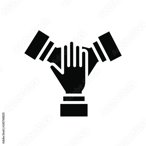 Three hands support each other. team hands together icon. Business concept. teamwork parnership. Solid, Simple pictogram, stroke. vector illustration. Design on white background. EPS10