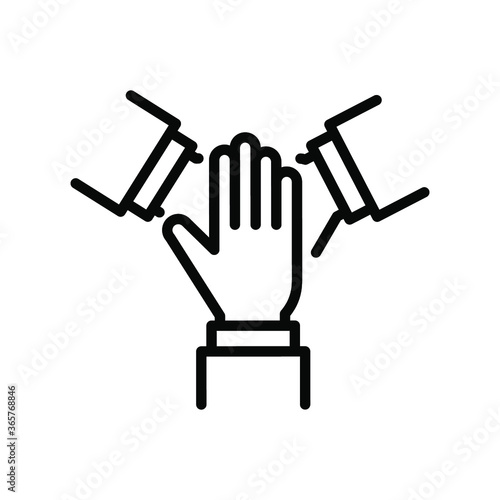 Three hands support each other. team hands together icon. Business concept. teamwork cooperation. Simple pictogram, stroke. Line vector illustration. Design on white background. EPS10