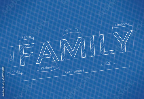 Love Blueprint heart symbol relationships components: affection, sincerity, honesty, happiness, devotion. Concept: education, family building, creating, dating, marriage, wedding, engagement