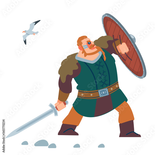 Viking Warrior Defensive Attack. Isolated on white background. Vector flat illustration.
