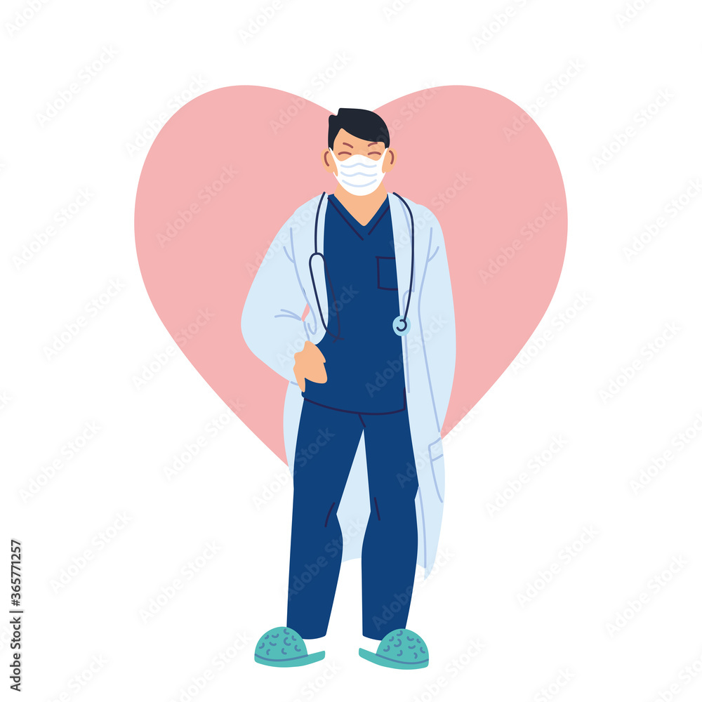 Isolated man doctor with medical mask in front of heart vector design Isolated man doctor with medical mask in front of heart vector design