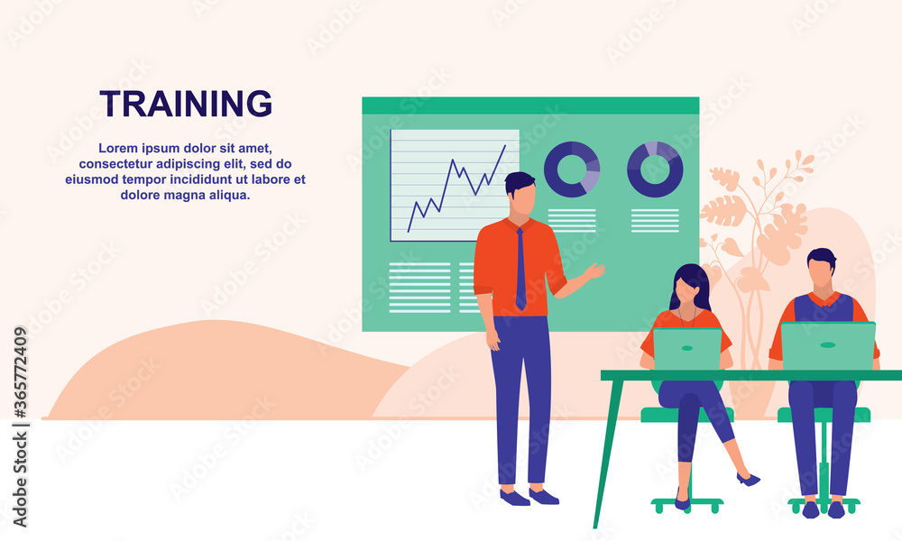 Young Businessman Giving A Training. Business Training, Seminar And Programming Concept. Vector Flat Cartoon Illustration.