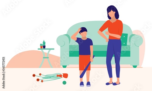 Mother Scolding Her Son. Parenting, Education And Social Issues Concept. Vector Flat Cartoon Illustration.