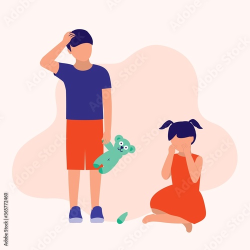 Sibling Fight. Parenting, Education And Social Issues Concept. Vector Flat Cartoon Illustration.
